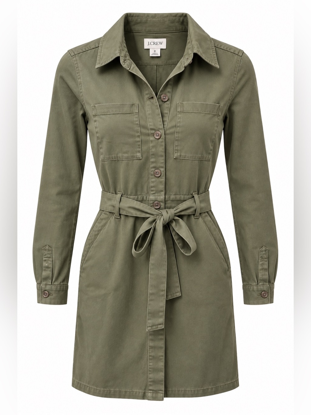 J. Crew Factory Utility Shirt Dress Distressed Fatigue Green Belted Size 0